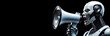 © Alberto Masnovo - Extreme close-up of a humanoid robot shouting into a megaphone or loudspeaker, isolated on a black background with copy space. Wide banner for you special promotions, technology. Generative Ai.