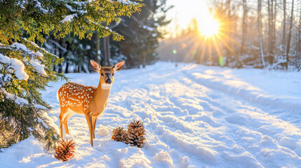 Wall Mural - young deer stands in snowy forest, illuminated by warm glow of setting sun, creating serene winter wildlife scene