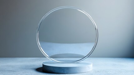 3D blue podium stand with circle glass backdrop is perfect for modern interior concept product display mockups. The stand is set on a floor and soft blue background