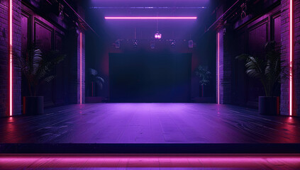 Poster - A dark room with an empty stage, purple lights on the left and right side.