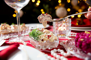 Festive fish table with gubbrora salad - traditional Swedish starter dish with fish. Celebration delicacies