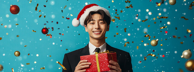 Xmas vibes - holiday season - merry christmas - sexy santa - happy smiling young asian korean man waiting for Santa Claus. Horizontal banner