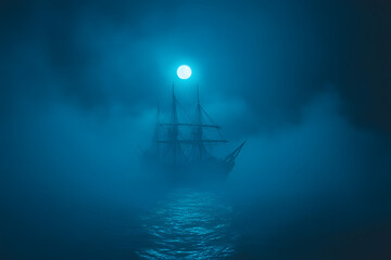 Wall Mural - Ghostly Pirate Ship Emerging from Fog under Moonlight blue background