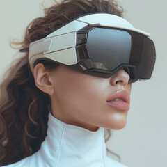 Poster - Modern women VR Glass, industrial design, future warrior, rugged design, geometric lines, sharp edges, headband.