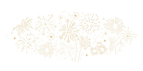 Sticker - fireworks festive explosion golden bursts, sparks in doodle style seamless pattern border. holiday c