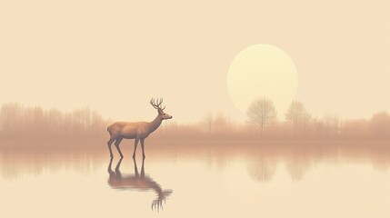  A lone deer stands in a misty lake with a large sun in the background.
