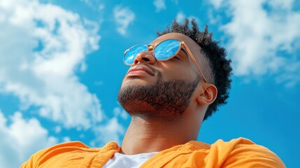 A young man wearing an orange shirt and stylish sunglasses looks thoughtfully upwards, enjoying a sunny day with a vibrant blue sky and fluffy clouds in the background