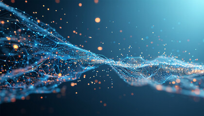 Abstract blue background of points. Falling cyber particles. Big data stream. 3d rendering