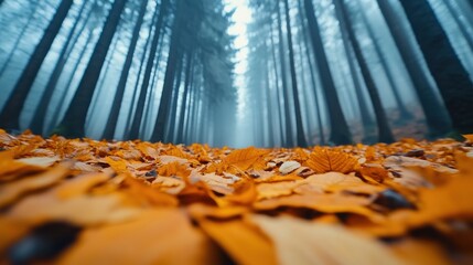 Wall Mural - Golden leaves blanket a misty forest floor, creating a serene autumn atmosphere, AI