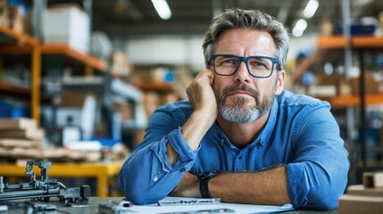 A man with a beard sits at a table in a busy workshop, resting his chin on his hand while deep in thought, surrounded by tools and materials