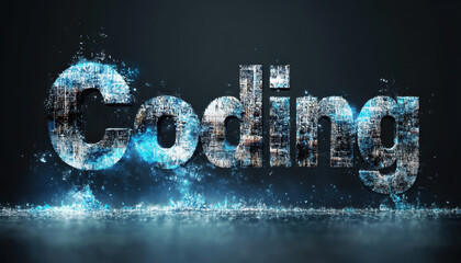 Dynamic 3D digital text 'Coding' in a futuristic blue and black theme, conveying a sense of technology and innovation.