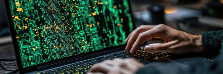 A person is engaged in coding or programming on a laptop with glowing green and yellow data patterns in a cozy, low-light environment