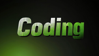 The word 'Coding' in textured green letters on a dark, abstract background, symbolizing technology and programming innovation.