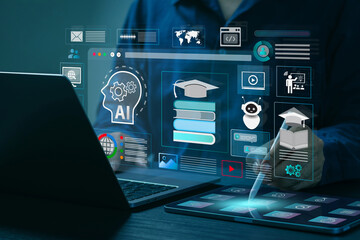 ai artificial intelligence and education technology concept. a man use laptops, learn lessons and on