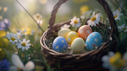 Wall Mural - Easter basket with painted eggs and daisies in meadow