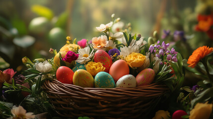 Wall Mural - Basket of colorful Easter eggs with spring flowers in garden