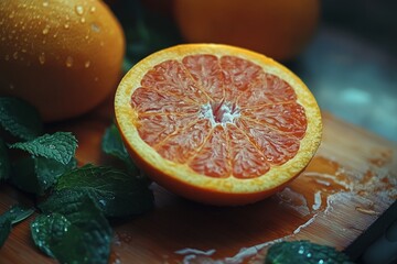 Wall Mural - Fresh and juicy orange slice on a wooden board. The vibrant orange color brings life to the kitchen scene. Ideal for food blogs and recipes. Generative AI