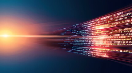 The image is a digital art representation of a data stream with binary code moving quickly across a dark background.