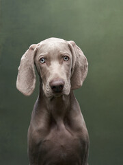 Wall Mural - This image captures a Weimaraner puppy in a regal stance, its sleek and muscular form exuding strength and grace against a dark backdrop.