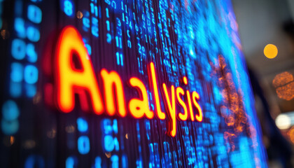 Close-up of the word 'Analysis' in glowing red text against a backdrop of blue digital code, symbolizing data processing and technology.