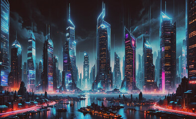 Poster - Cityscape with many buildings and a river