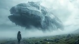 A Futuristic Landscape with a Giant Spaceship Landing in the Fog