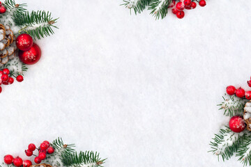 Wall Mural - christmas decoration. cone pine, branches christmas tree, red ball, red berries on snow with space f