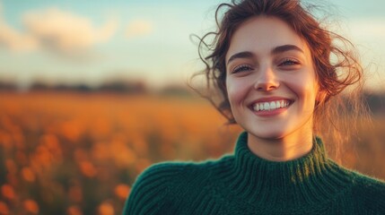 smiling woman in green sweater and orange scene