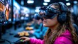 © DKPhoto - A young woman immersed in a virtual reality experience, showcasing the integration of technology and exploration through VR in a dynamic, innovative environment.