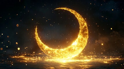 Poster - A crescent moon with golden patterns, glittering stars in the background, dark sky, Ramadan concept art