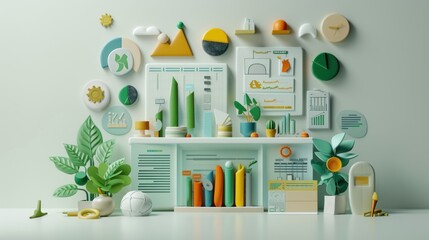 Wall Mural - 3d financial model with sustainability icons, organic growth indicators, and energy-efficient invest