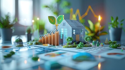 Wall Mural - 3d financial model with sustainability icons, organic growth indicators, and energy-efficient invest