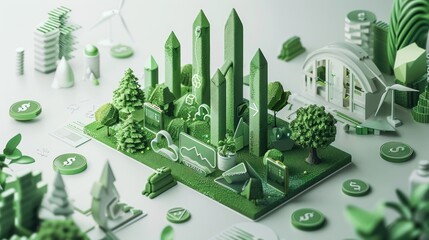 Wall Mural - 3d model of sustainable finance with green icons, eco-friendly investment bars, and renewable energy