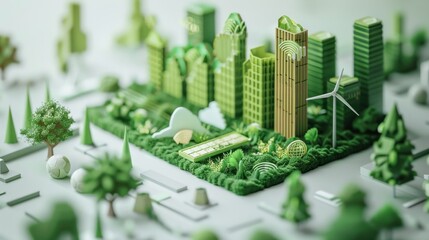 Wall Mural - 3d model of sustainable finance with green icons, eco-friendly investment bars, and renewable energy