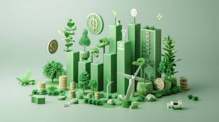 Wall Mural - 3d model of sustainable finance with green icons, eco-friendly investment bars, and renewable energy
