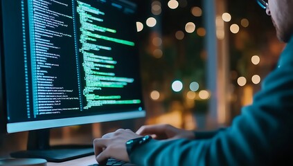 a programmer working late at night on a computer, focused on the code displayed on the screen.