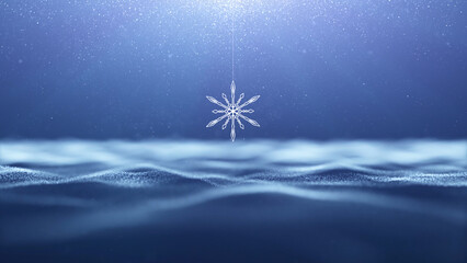 Wall Mural - 3d snowflake swinging on a string with snowfall copy space sky and wavy background. concept christma