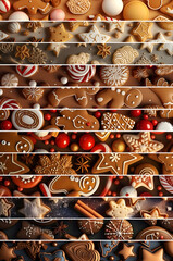 Wall Mural - Abstract background with Christmas food strepes. Sweets, gingerbread pieces and cookies. Vertical composition. Concept of Christmas, holiday and New Year food.