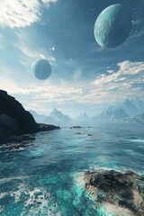 Alien world view from the ocean with moons in the background futuristic sci fi world dreamy landscape mind expanding and humans evolving to post humanism.