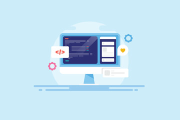 Coding on computer screen with mobile UI interface, software application development vector illustration concept.