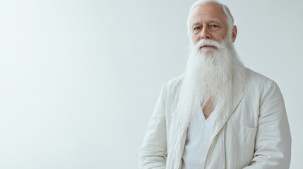 Wall Mural - Elderly man with a long white beard in a light jacket, standing in a minimalist white space illuminated by direct light,