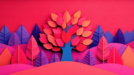 Poster - Explore vibrant nature with colorful papercut trees and hills