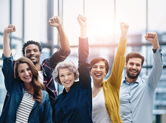 Poster - Celebration, portrait and business team with fist in office for confidence, motivation and teamwork. Happy, success and group of multiracial corporate employees to celebrate achievement in workplace.