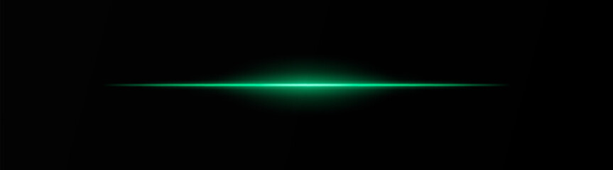 Wall Mural - intense green horizontal light beam on a black background, neon rays, flash of glare and explosion, 