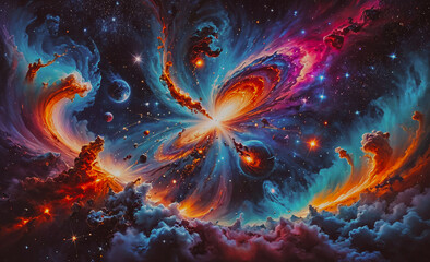 Wall Mural - colorful space scene with a bright yellow star
