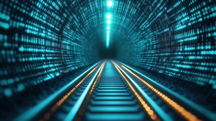 Fototapete - Explore the digital tunnel journey with vibrant light patterns