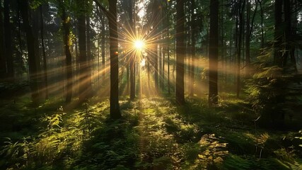 Wall Mural - golden sunlight is shining through the trees of a green forest, creating a magical atmosphere. the f