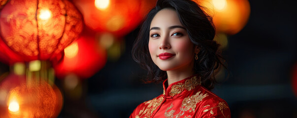 Woman in traditional dress, vibrant lanterns background, cultural celebration.