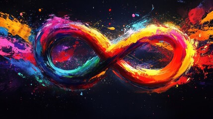 A vibrant, colorful infinity symbol painted on a dark background, surrounded by splashes of paint.