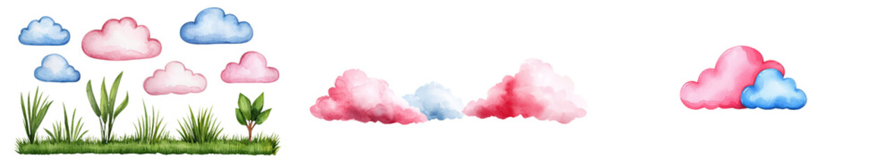 Poster - A watercolor illustration of fluffy clouds with soothing blue and white hues. Isolated on transparent background.